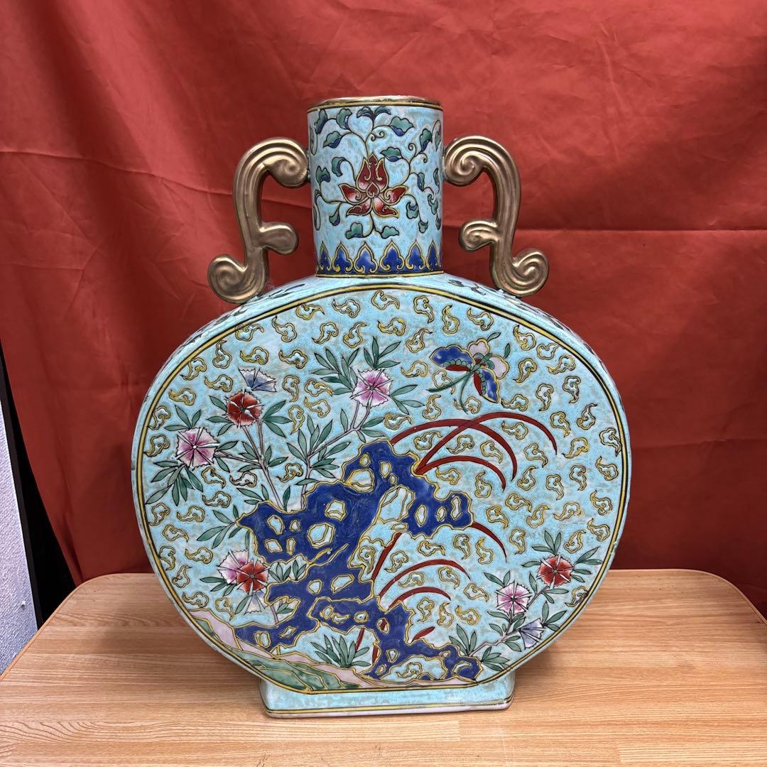 中国美術 大清同治年製 粉彩 双耳 花蝶図 扁壺 花瓶