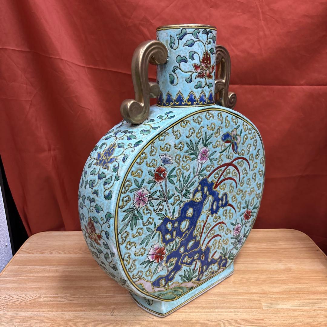 中国美術 大清同治年製 粉彩 双耳 花蝶図 扁壺 花瓶