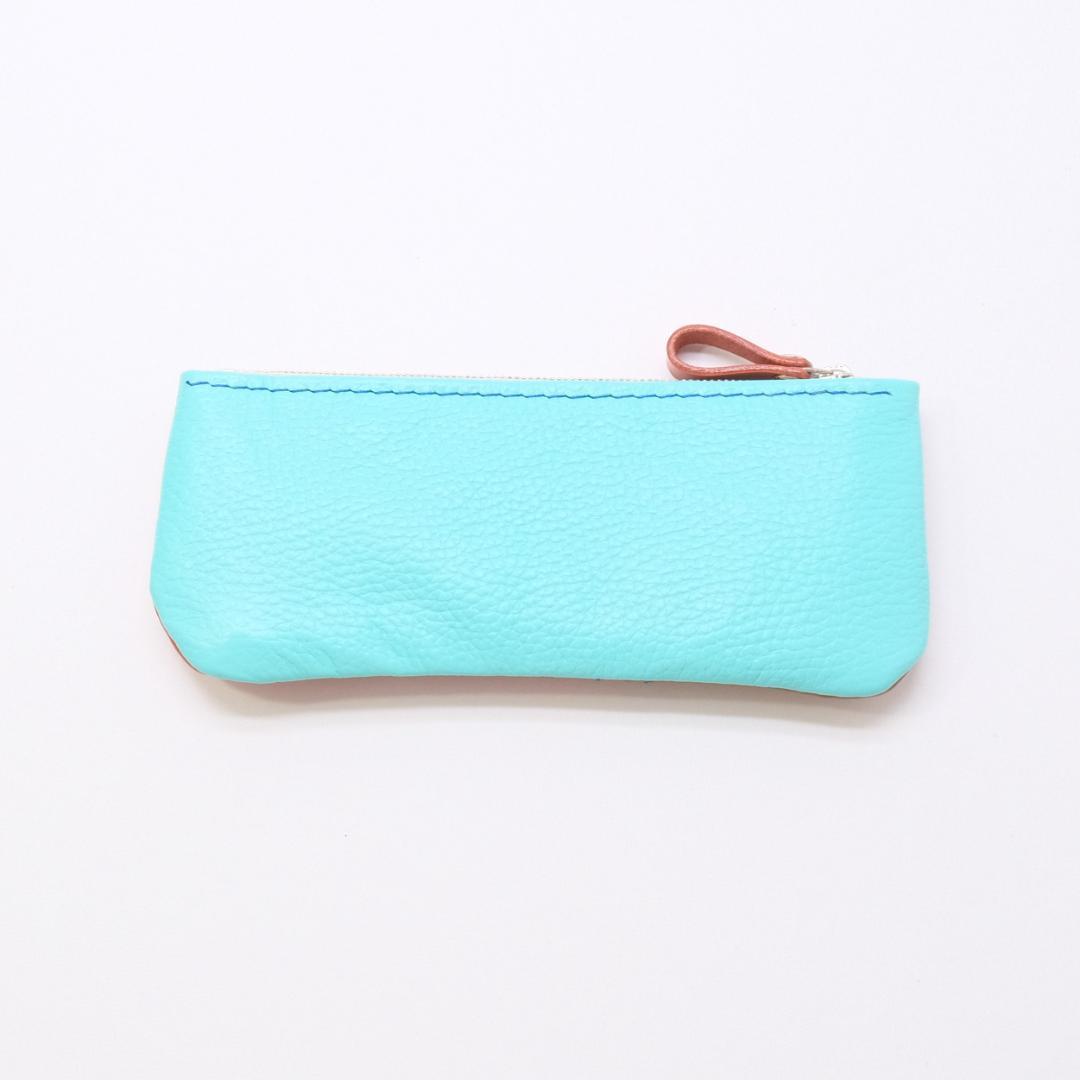 本革　薄マチペンケース　＜A＞キャメル＆オレンジ＋ミント