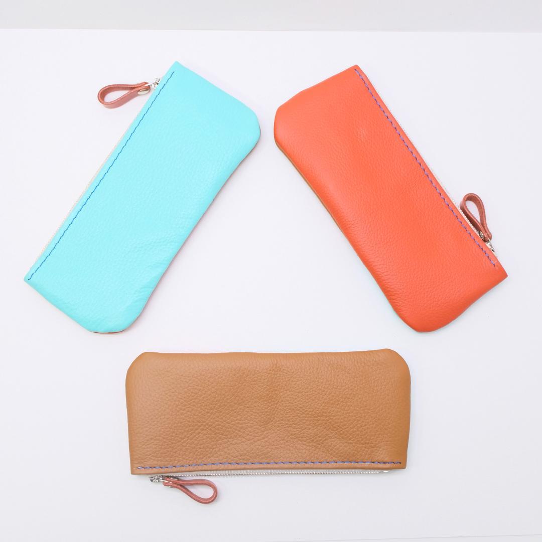 本革　薄マチペンケース　＜A＞キャメル＆オレンジ＋ミント
