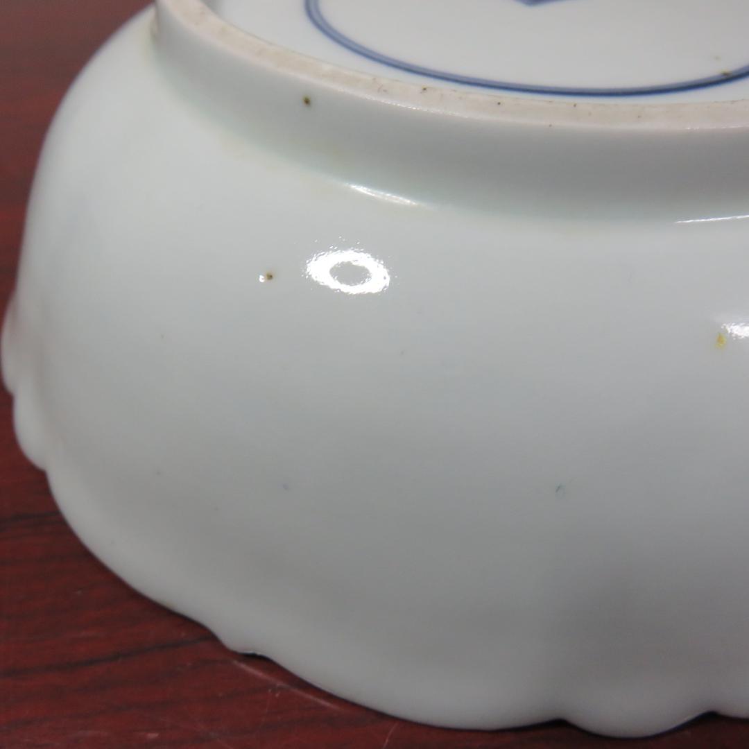 染付 なます皿 3ケ 芙蓉手 明治 花文様 輪花 花弁 唐花草 歪み 美品