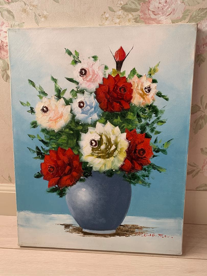 【値下げ】【油絵】 油彩画　肉筆　渡辺政己　バラ　薔薇