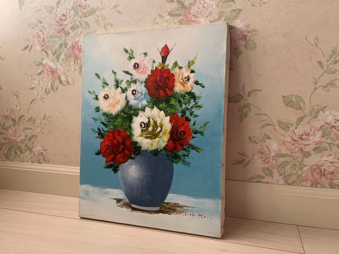 【値下げ】【油絵】 油彩画　肉筆　渡辺政己　バラ　薔薇