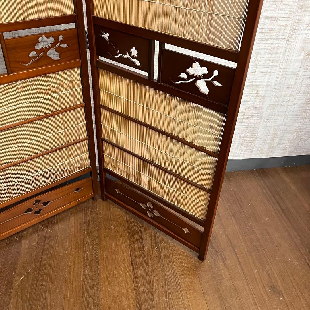 【アンティーク】昭和レトロ 4連 衝立 パーテーション 透かし彫り 古道具