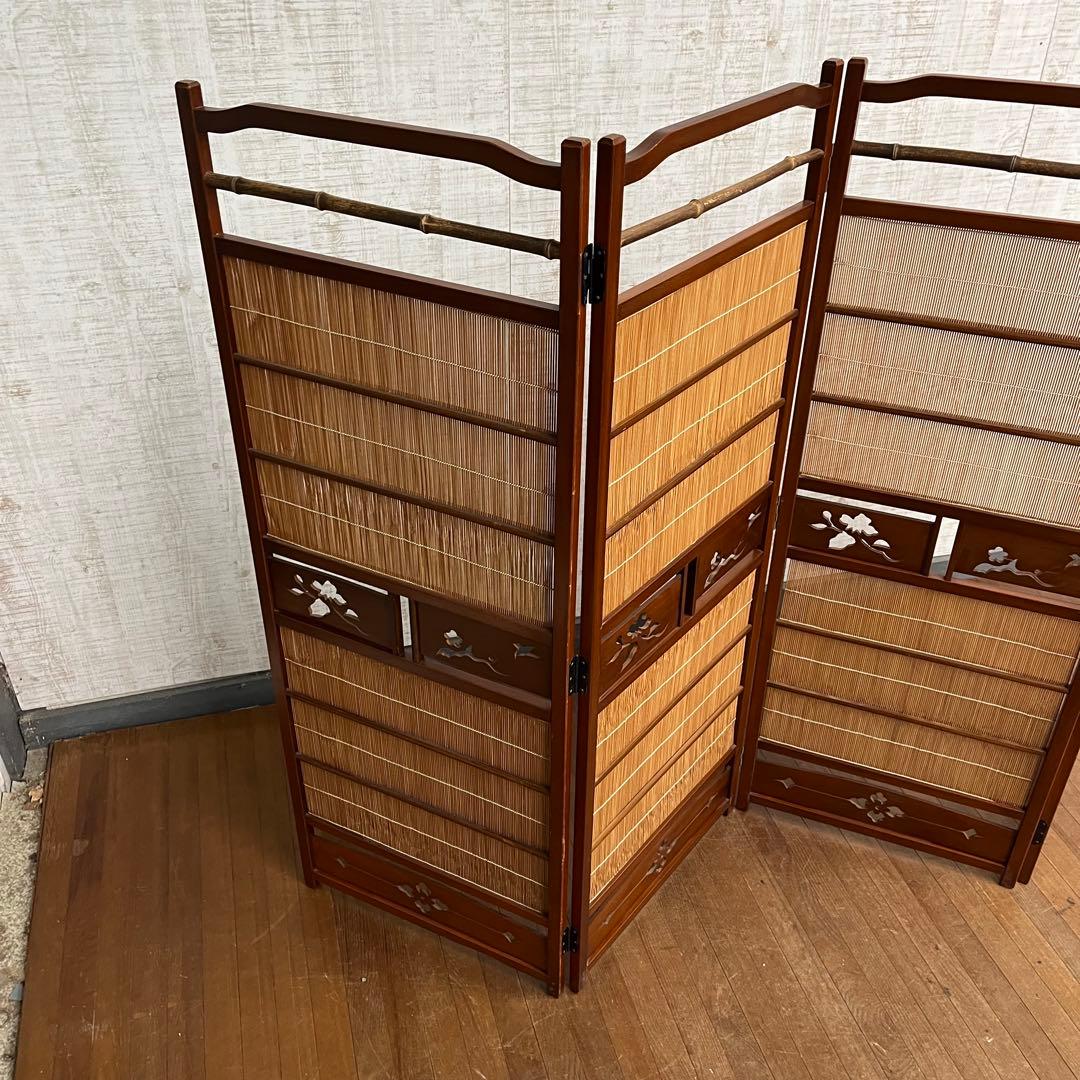 【アンティーク】昭和レトロ 4連 衝立 パーテーション 透かし彫り 古道具
