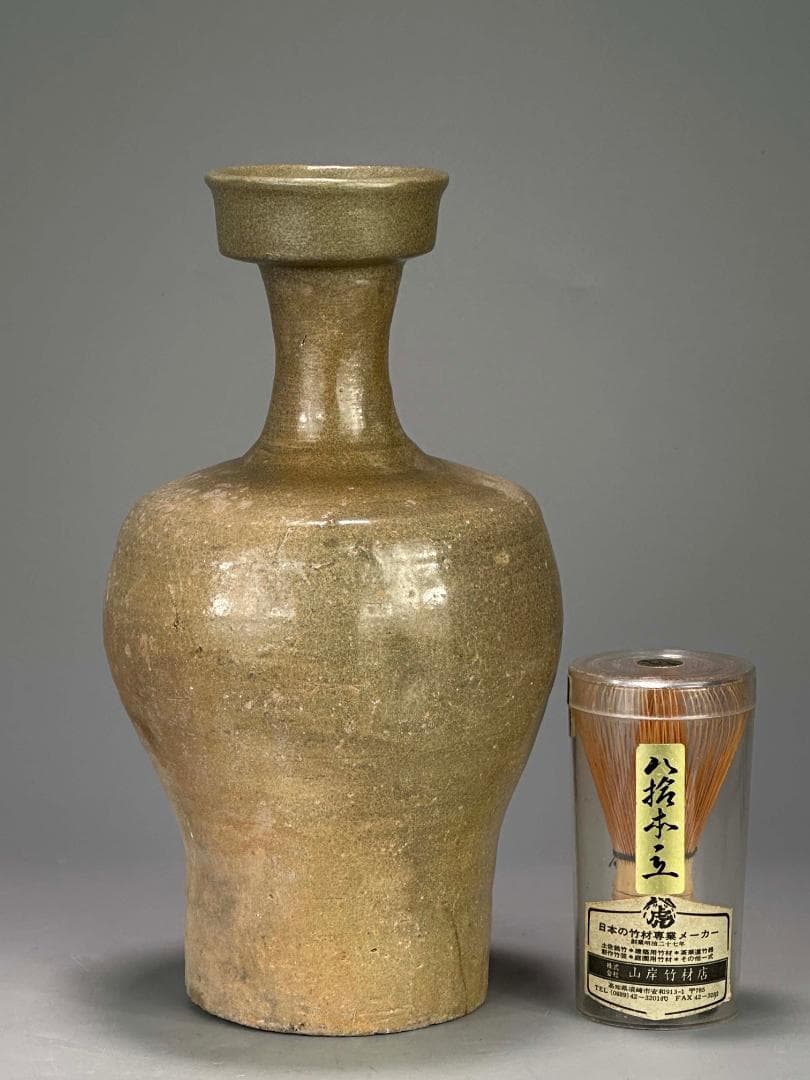 M22US11 韓国美術　高麗青磁　盤口瓶　花瓶　時代物　花入　李朝　朝鮮王朝
