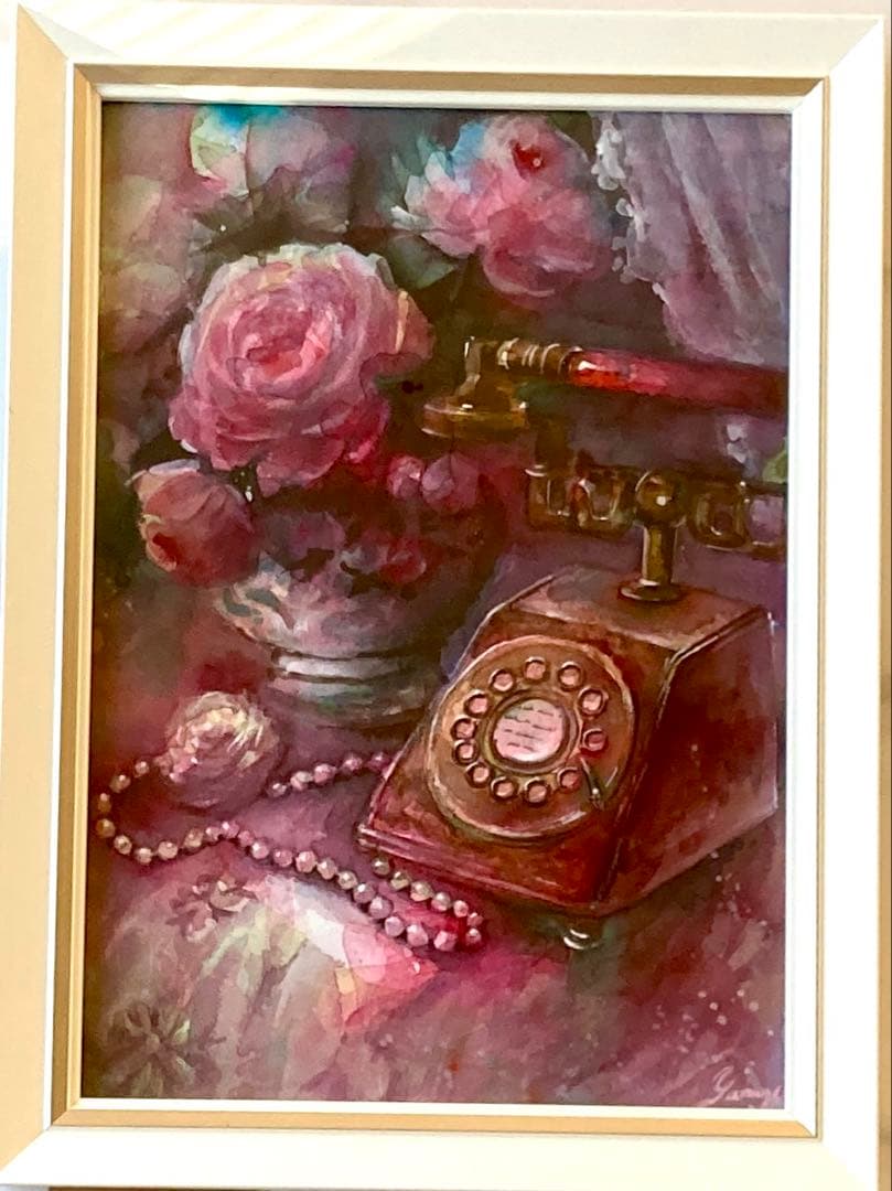 水彩画 原画 ピンクの黒電話