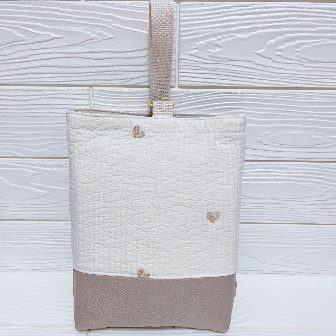 2601 刺繍 ヌビ （ハート柄×ミルクティ）入園入学3点セット ハンドメイド