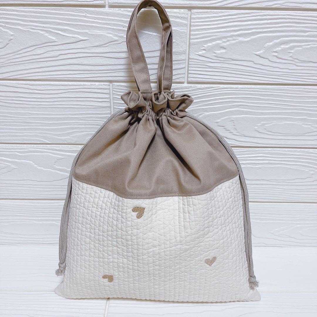 2601 刺繍 ヌビ （ハート柄×ミルクティ）入園入学3点セット ハンドメイド