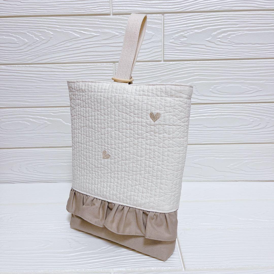 2601 刺繍 ヌビ （ハート柄×ミルクティ）入園入学3点セット ハンドメイド