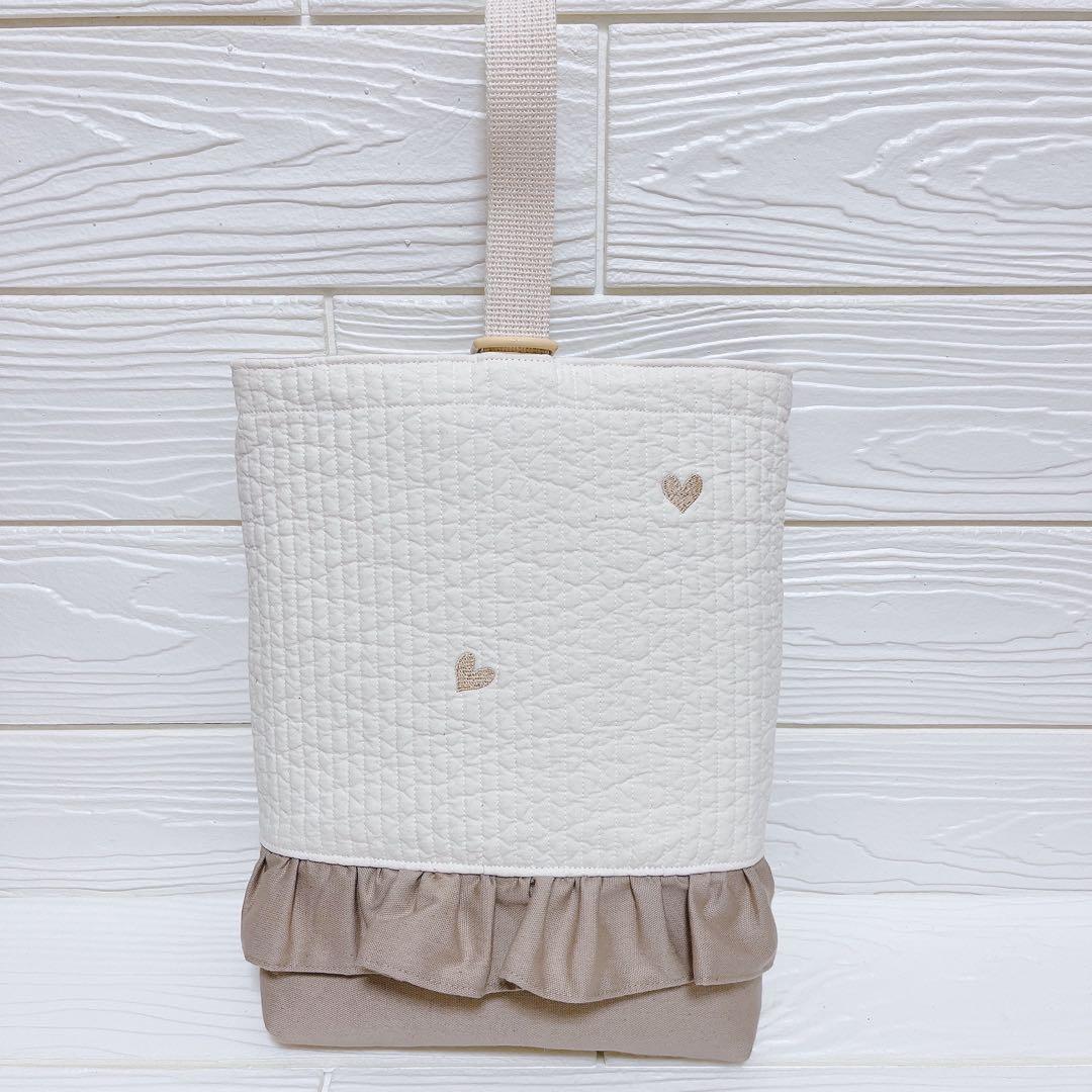 2601 刺繍 ヌビ （ハート柄×ミルクティ）入園入学3点セット ハンドメイド