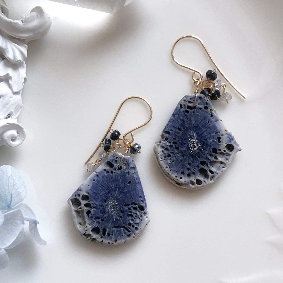 一点物✧希少✧ブルーフォッシルコーラルピアス✧ブルースピネル/サファイア