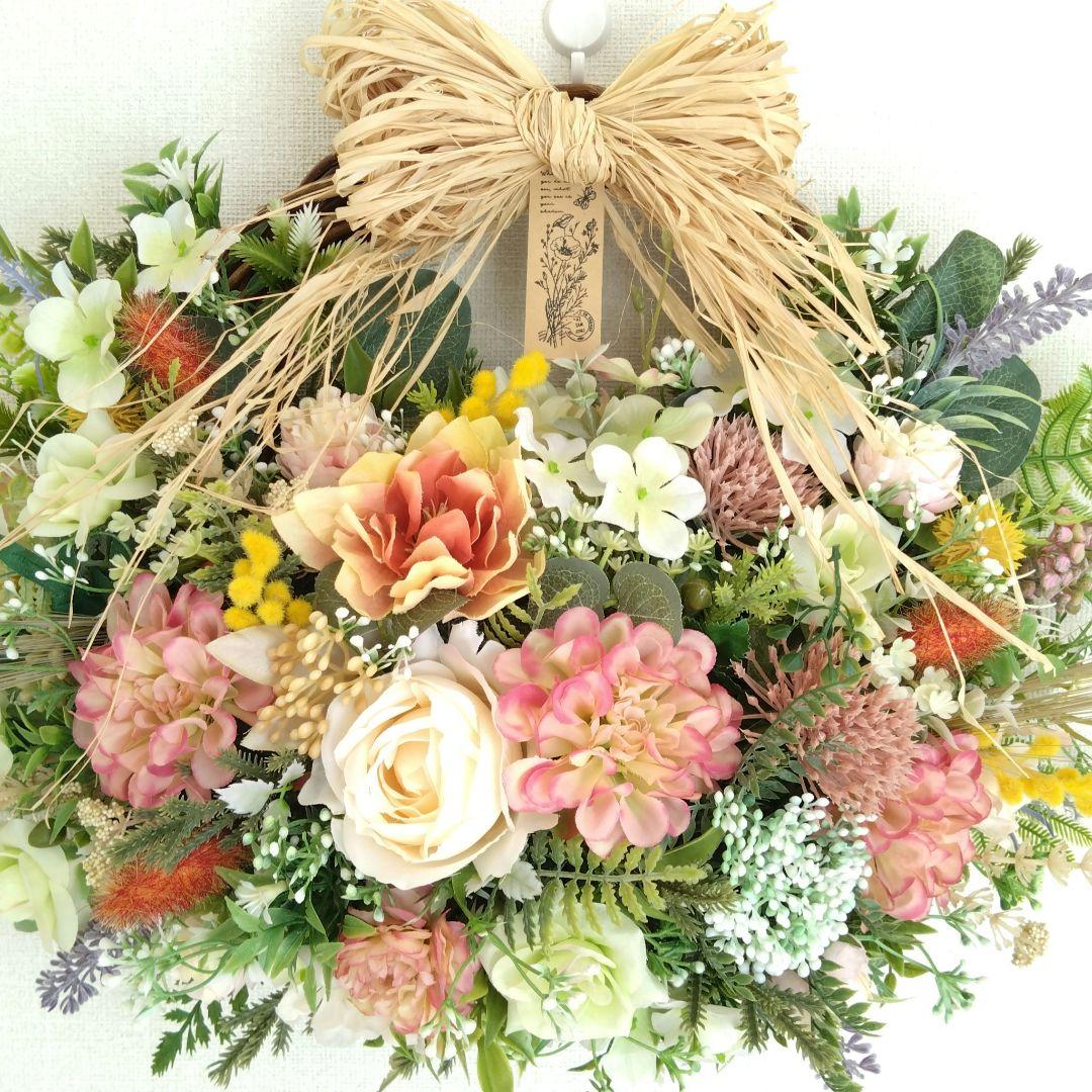 205！特大！ぷっくり 花かご風 フラワーリース 玄関リース ハーフリース