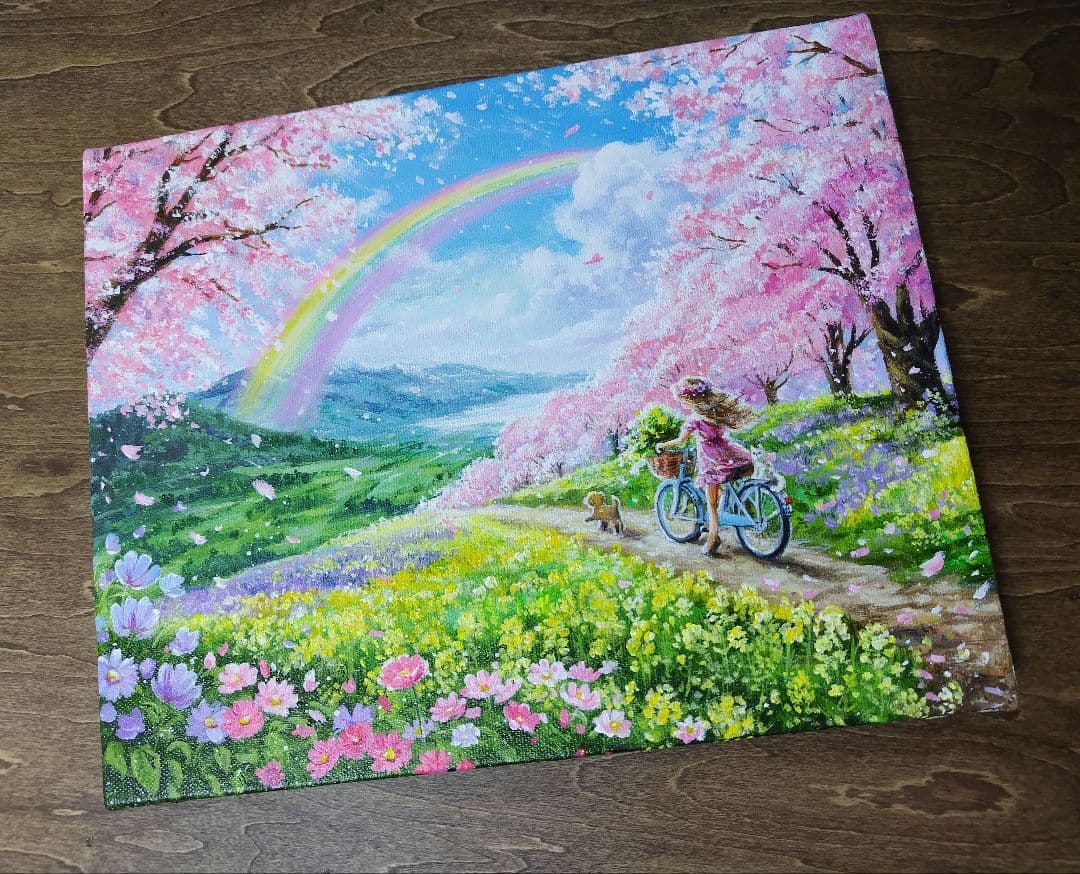 【虹に向かって】アクリル画 F3 風景画 絵画