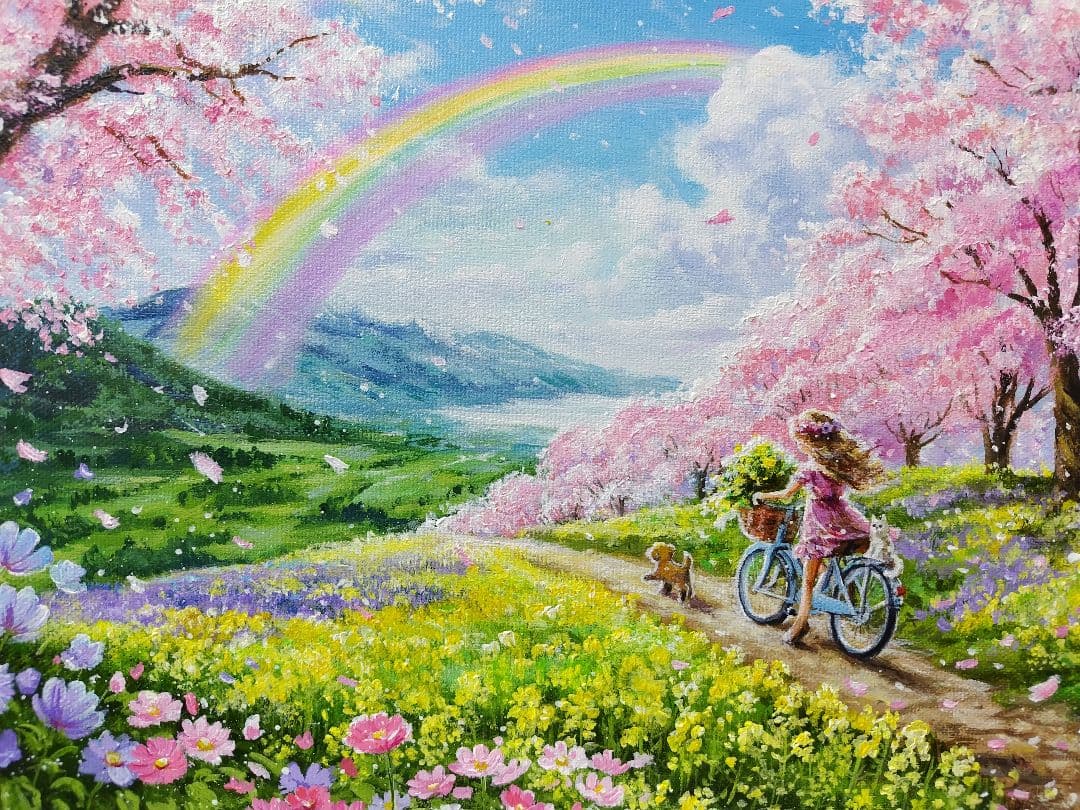 【虹に向かって】アクリル画 F3 風景画 絵画