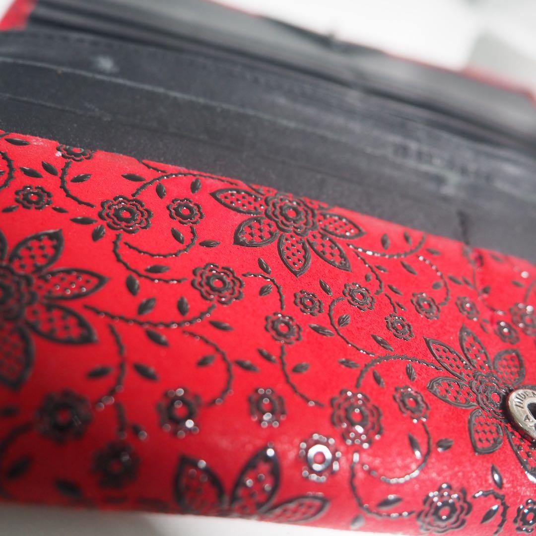 甲州印伝 本革 長財布 赤黒地×黒漆 花柄 印傳屋 クレマチス 札入れ 極美品