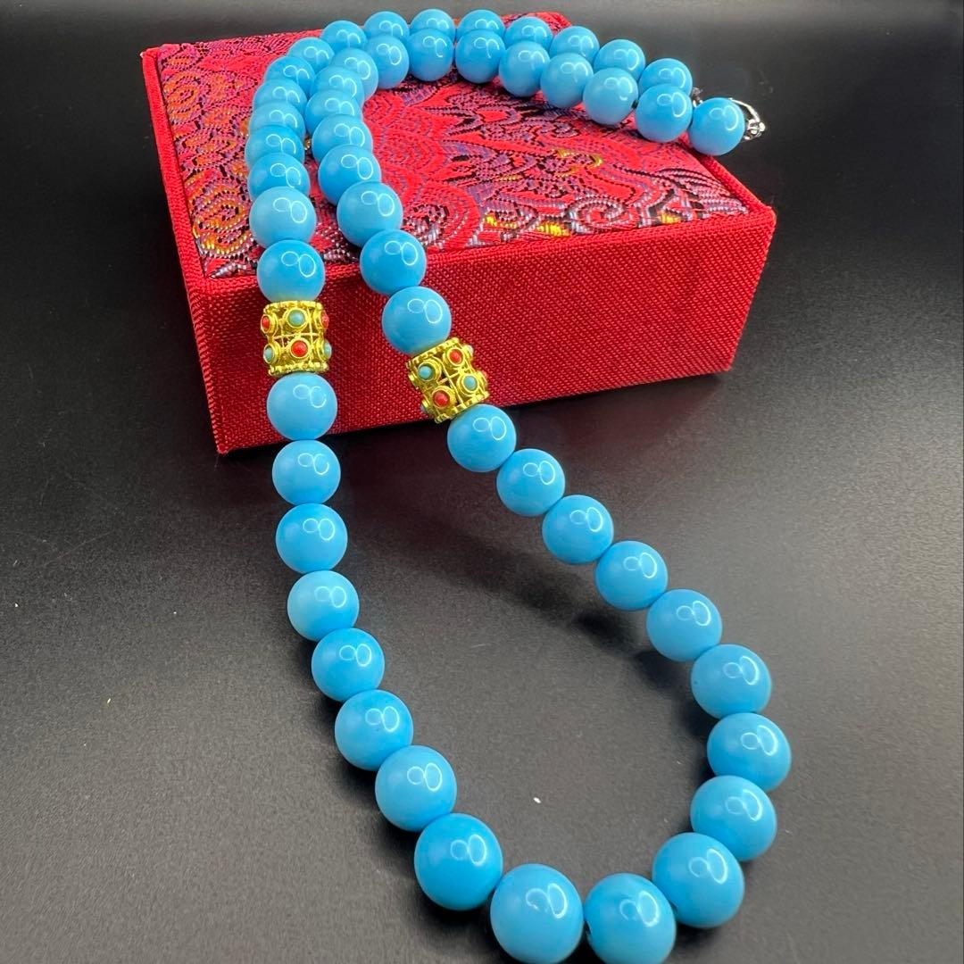 高品質天然高磁気ブルーターコイズ ネックレス 10mm玉 宝石隔玉 【男女兼用】