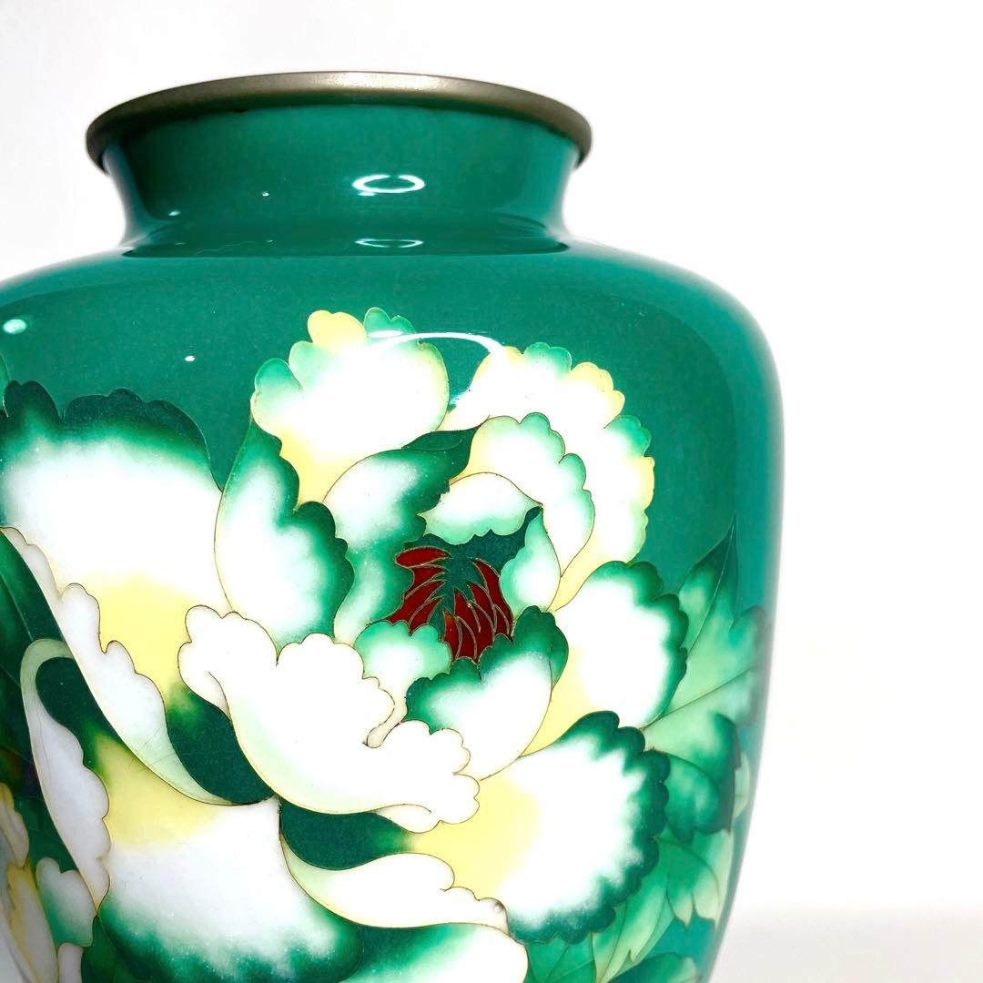 『美術七宝焼』　花瓶　緑牡丹　壺　陶磁器　花柄