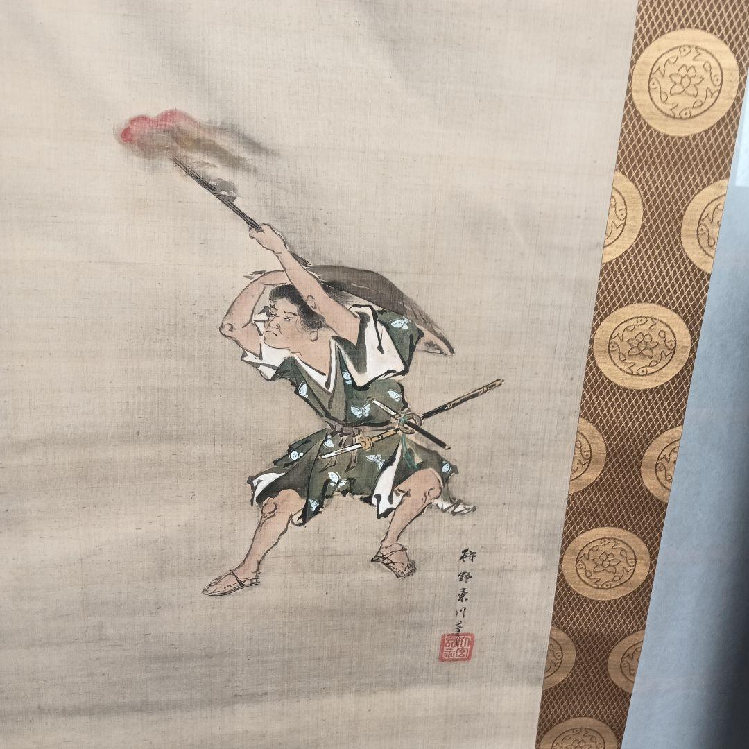 日本の掛軸 富士山と武士の絵3幅組２重箱