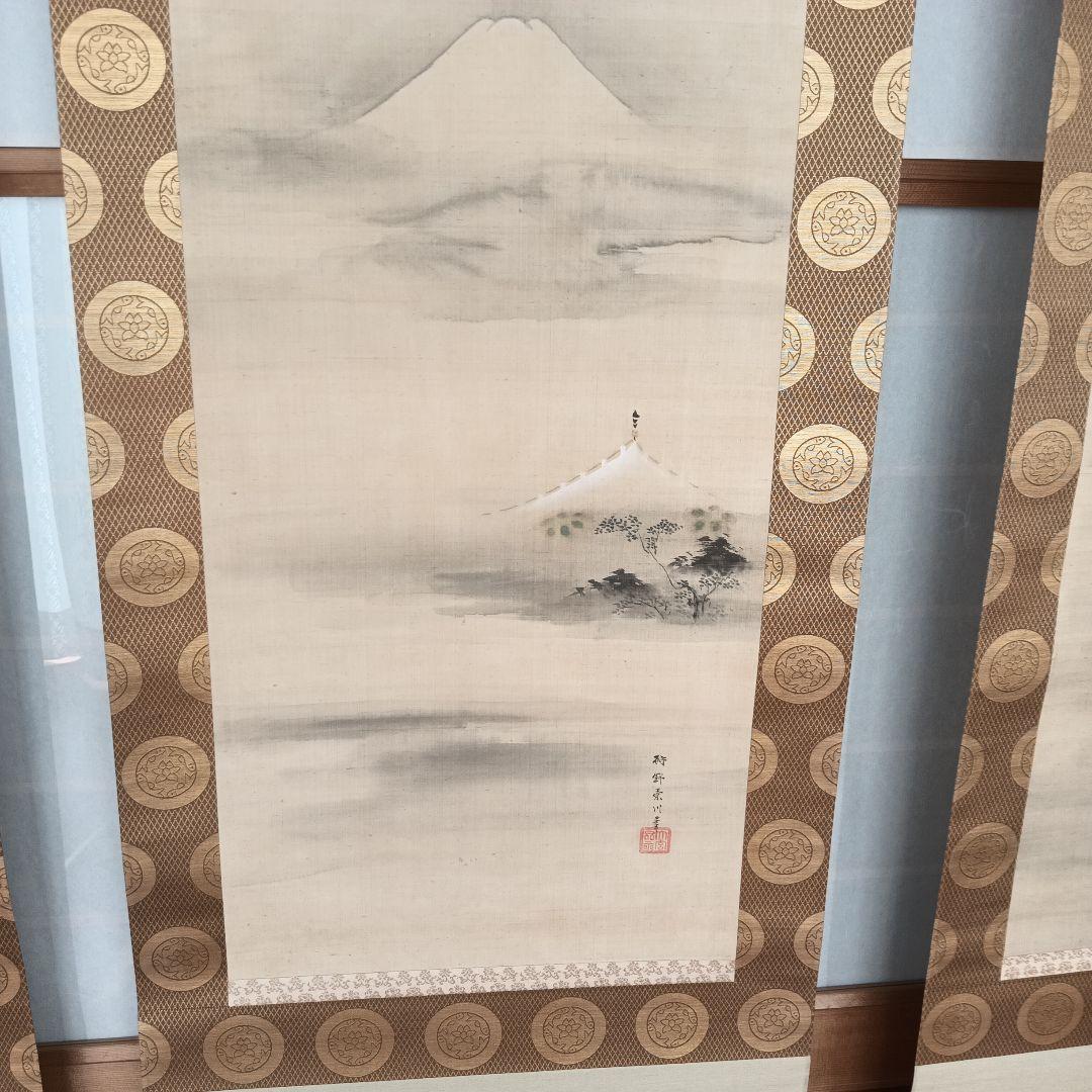 日本の掛軸 富士山と武士の絵3幅組２重箱