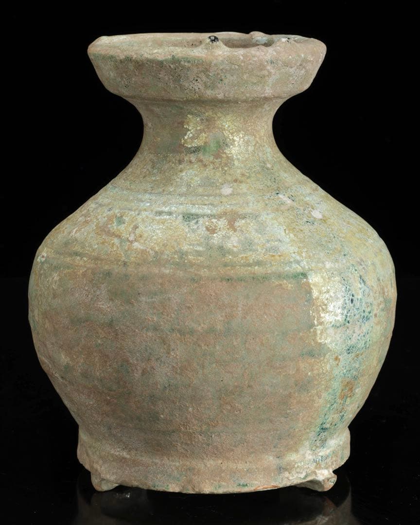 中国古玩 漢緑釉銀化三足壺 時代箱付 漢時代 花入 花瓶 飾壺 古美術 骨董品