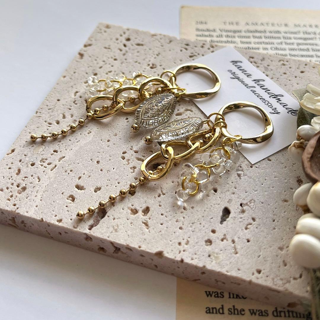 #987C再販 ゴールド クリア チェコビーズ ハンドメイド ピアス イヤリング