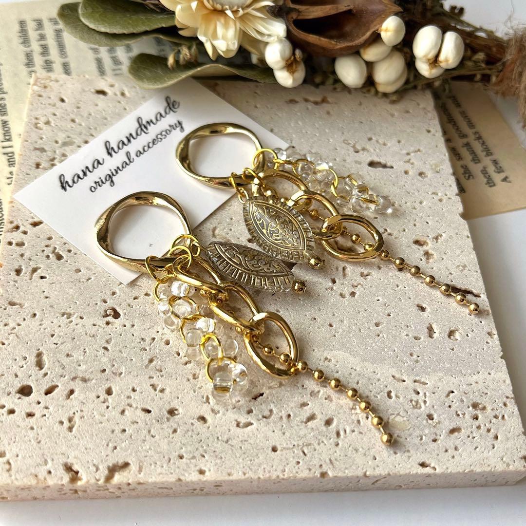 #987C再販 ゴールド クリア チェコビーズ ハンドメイド ピアス イヤリング