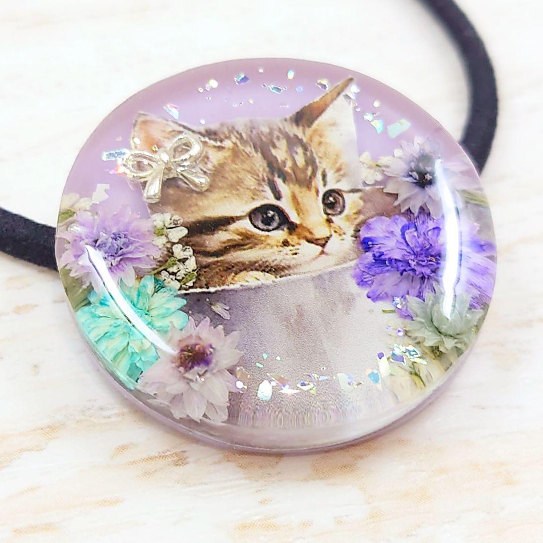 ティーカップ猫ちゃんのヘアゴム ハンドメイド レジン パープル 紫 ネックレス