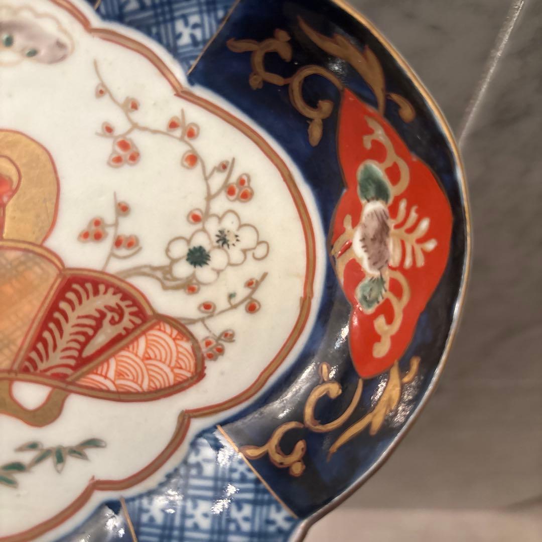 アンティーク江戸後期の鶴や梅、形が美しく、豪華絢爛な古伊万里の刺身皿