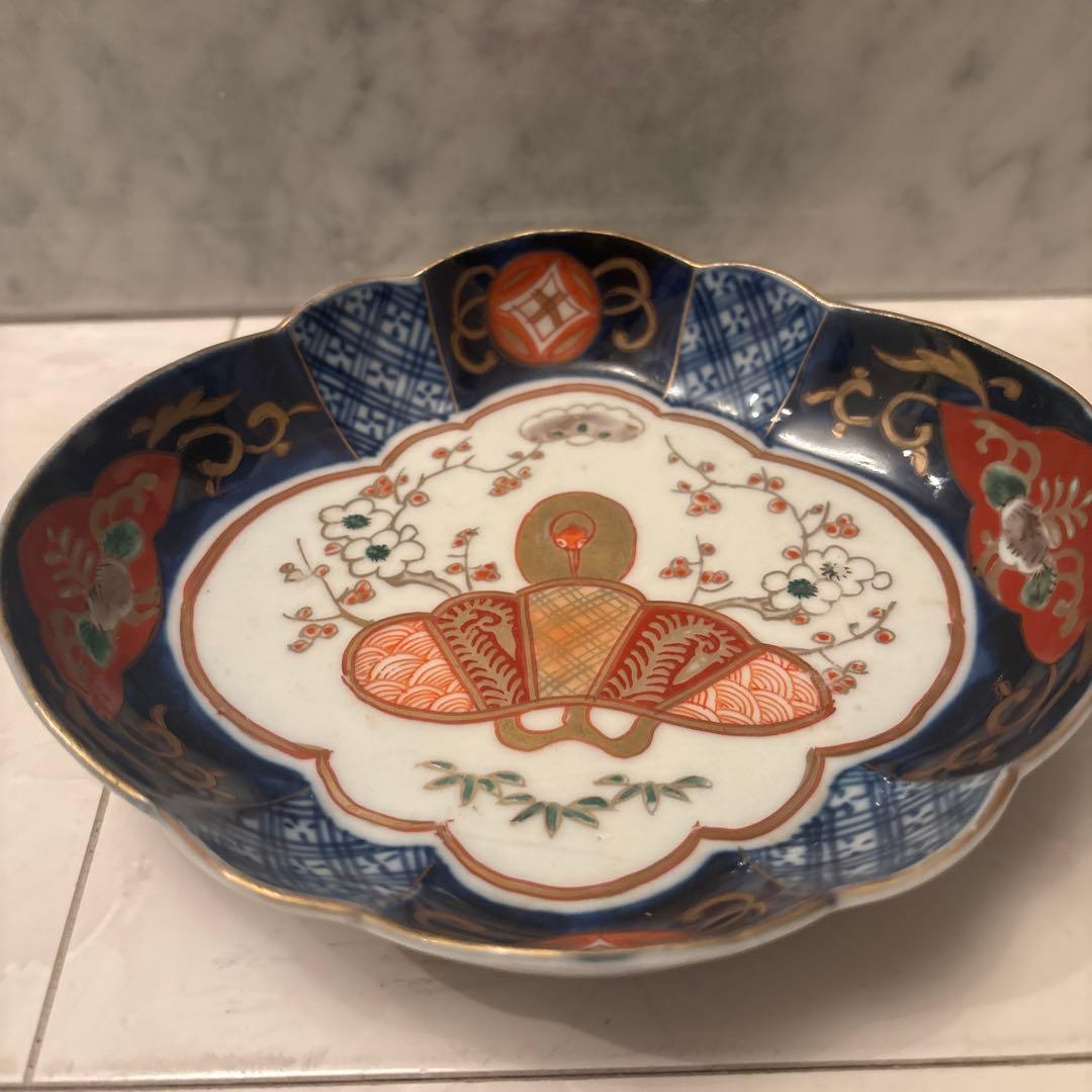 アンティーク江戸後期の鶴や梅、形が美しく、豪華絢爛な古伊万里の刺身皿