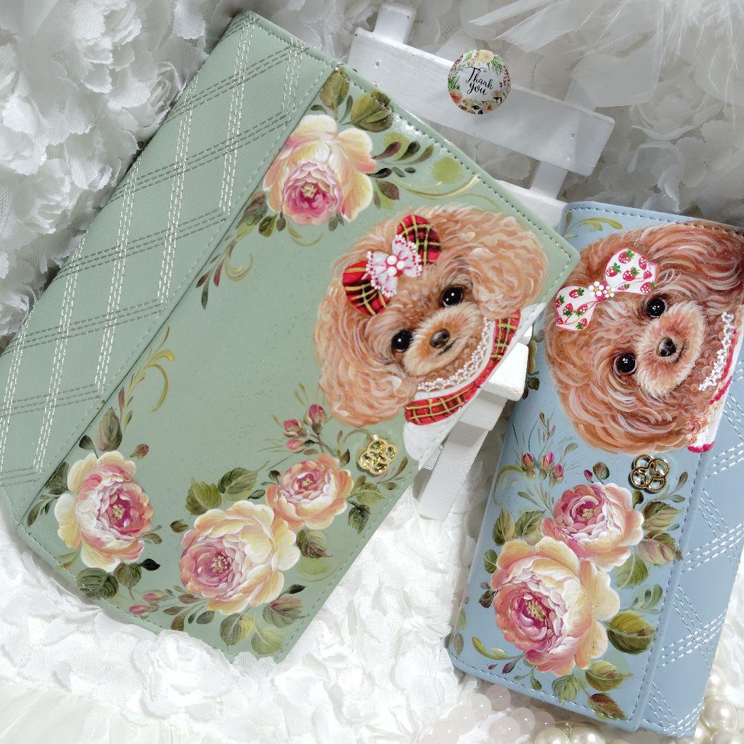 トールペイント薔薇とトイプードル長財布ブルー