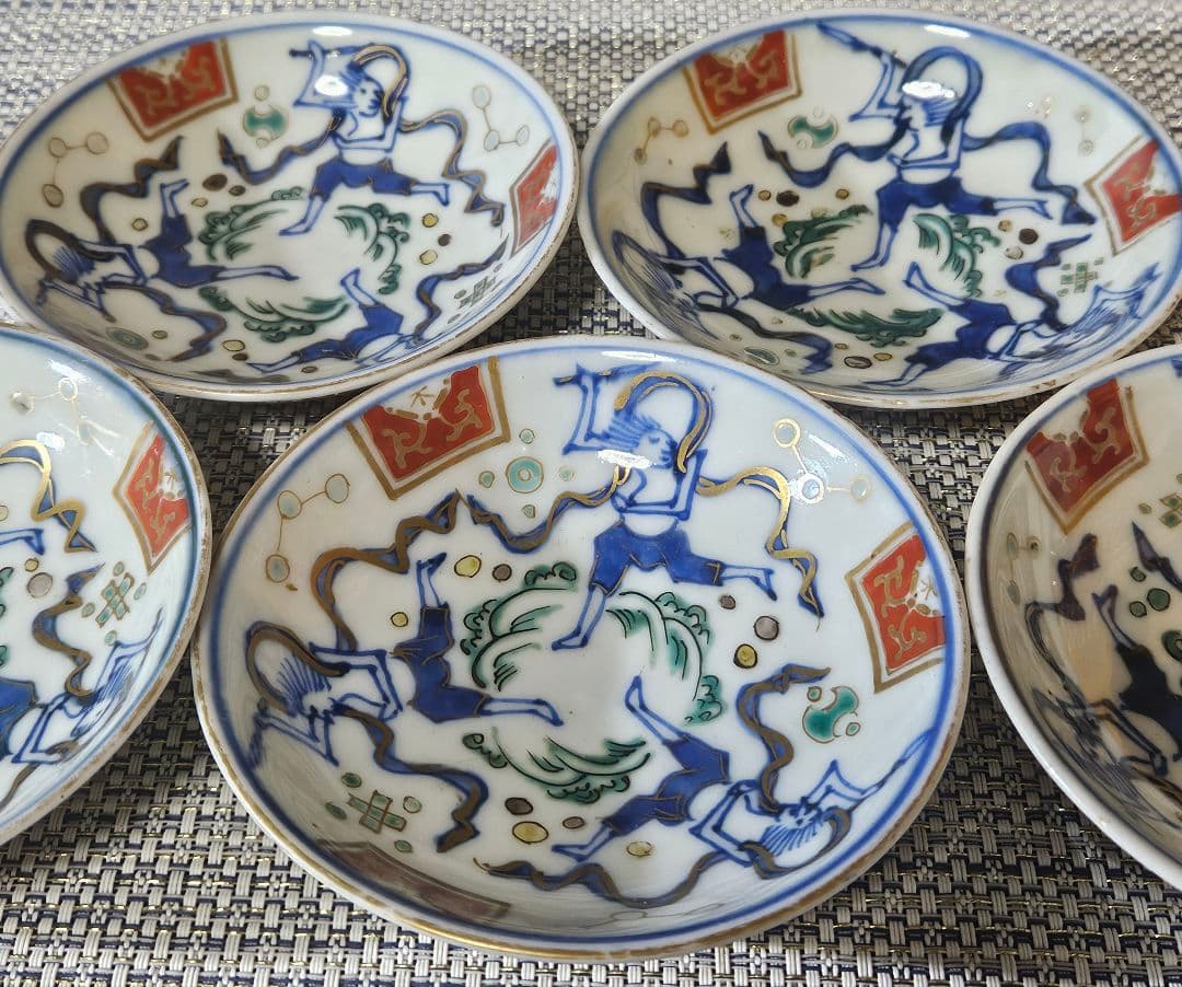明治時代初期　古伊万里　染錦　狩猟の図　波文様　小皿　豆皿　手塩皿　5客