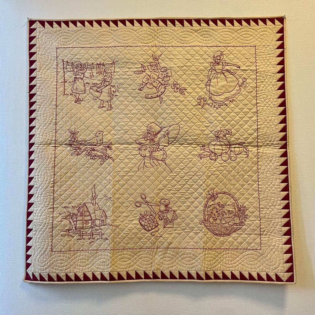 レトロ　カントリー　レッドワーク　刺繍　パッチワークタペストリー　106×105