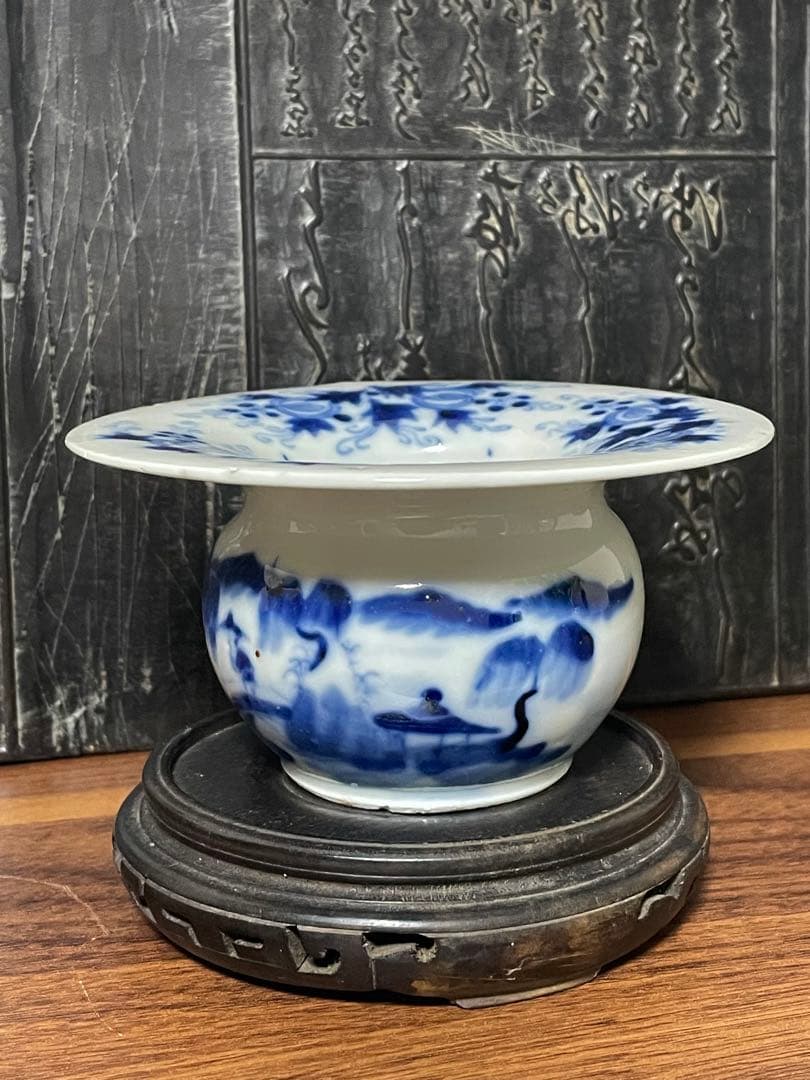 中国古美術 文房具 清時代染付山水人物水盂 大清同治年製款