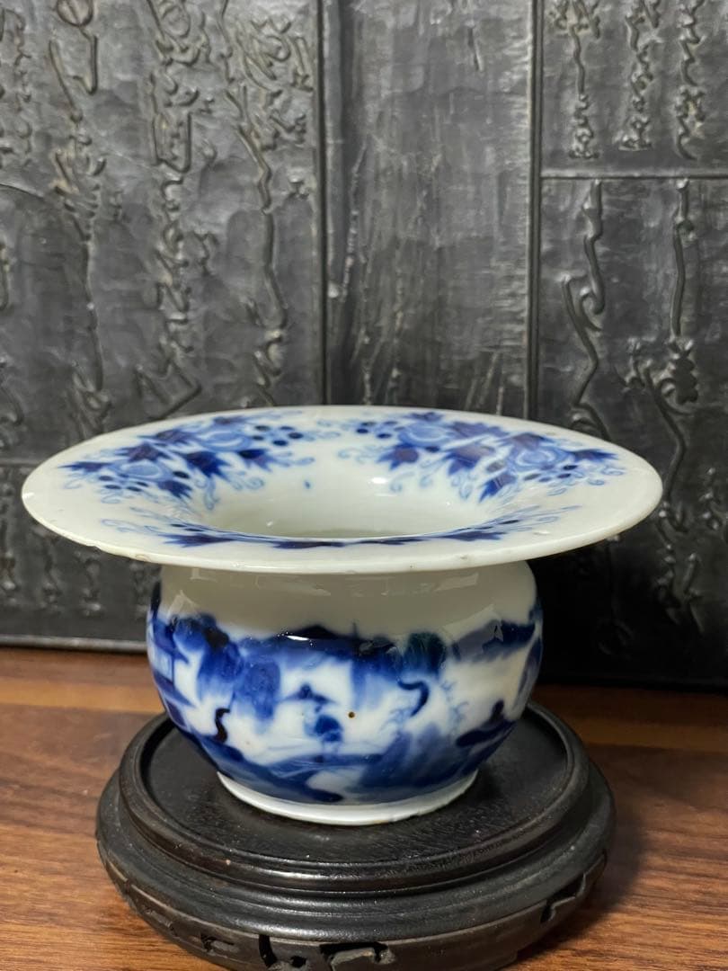 中国古美術 文房具 清時代染付山水人物水盂 大清同治年製款