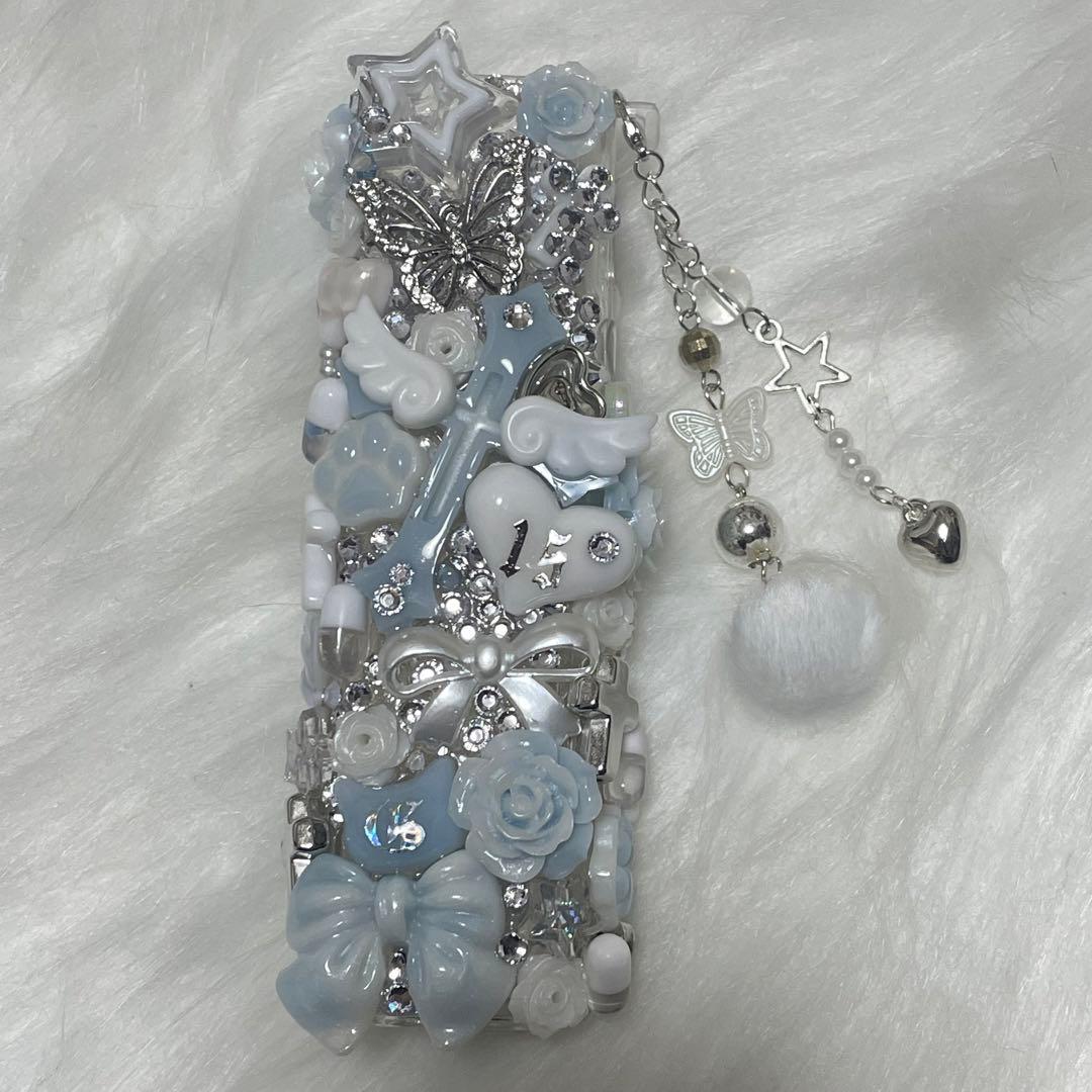 iQOSケース デコ white×blue チャーム付き 【89】