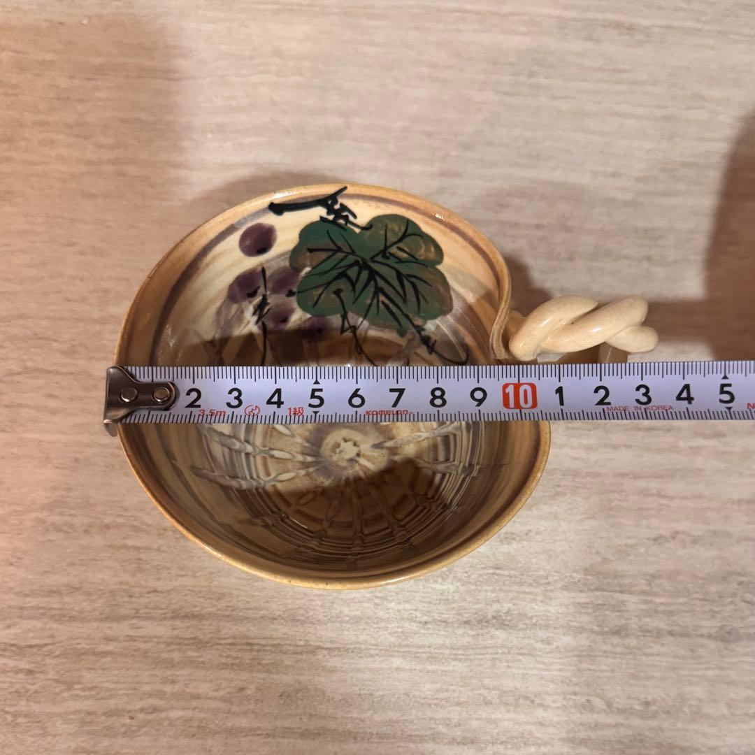 【未使用】京焼き★珈琲カップ★マグカップ★手ひねり取手★手描き★葡萄★ベコニア