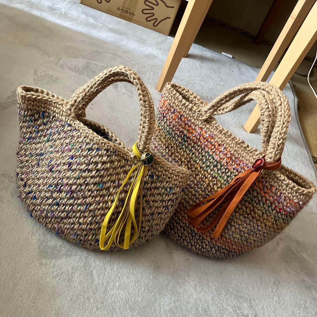 手編み　麻紐　かごバッグ　山形県山辺町　カラフル　オレンジ系　大