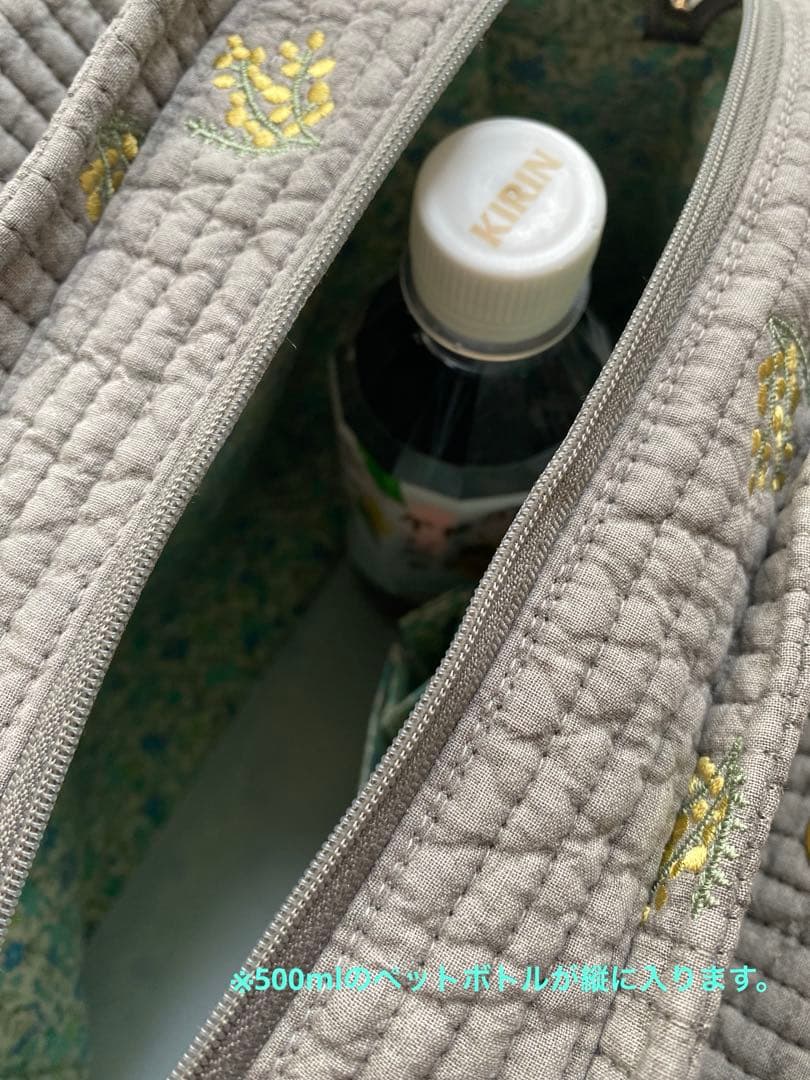 グレー×ミモザ　3ルームズバッグ　ヌビバッグ　ショルダーベルト付　真ん中高さ有り