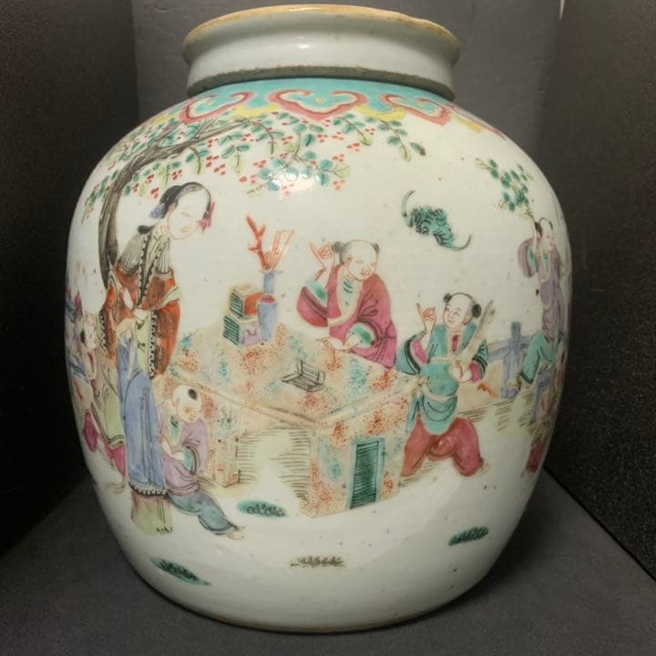 清代 中国美術 大清同治年製 粉彩 五彩人物文 蓋付 壷中国古玩