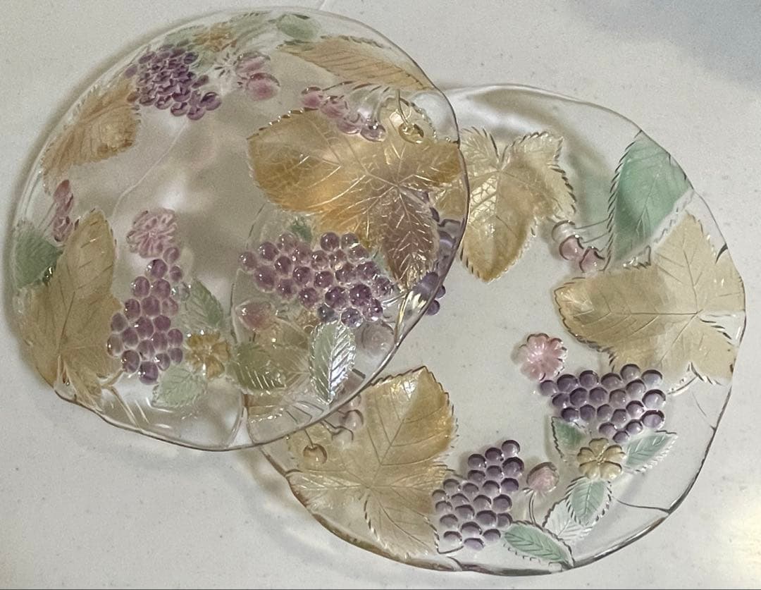 ガラス皿 ぶどうと葉の彫刻 約30cm (2set)