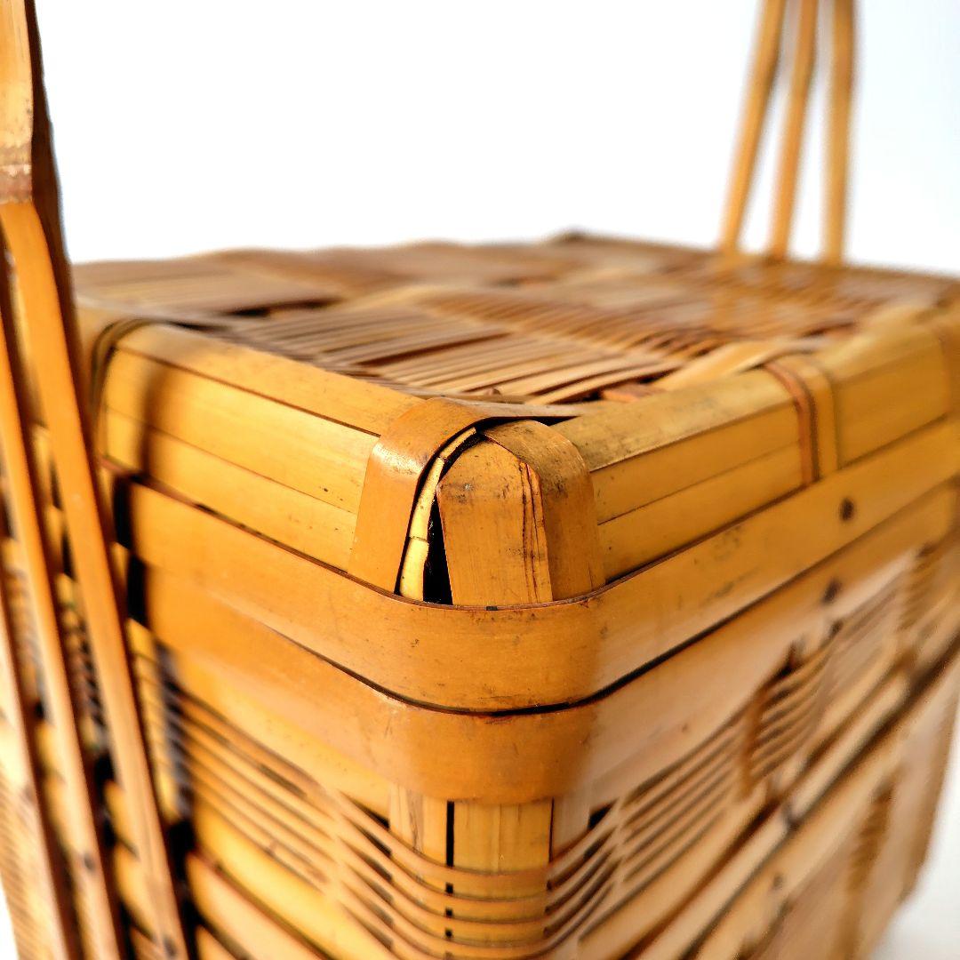 竹製 2段 蓋付 竹籠 弁当箱 バスケット 竹編 古道具