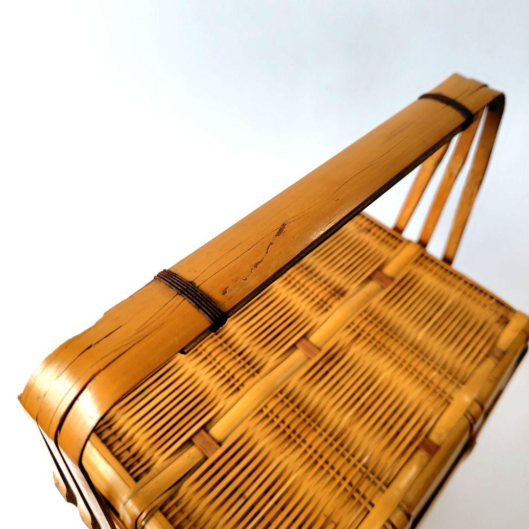 竹製 2段 蓋付 竹籠 弁当箱 バスケット 竹編 古道具