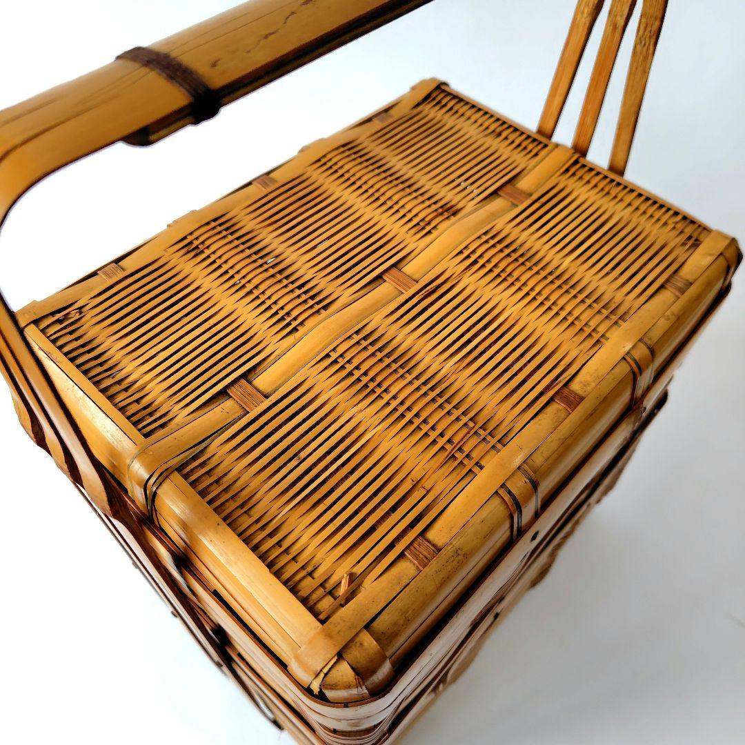 竹製 2段 蓋付 竹籠 弁当箱 バスケット 竹編 古道具