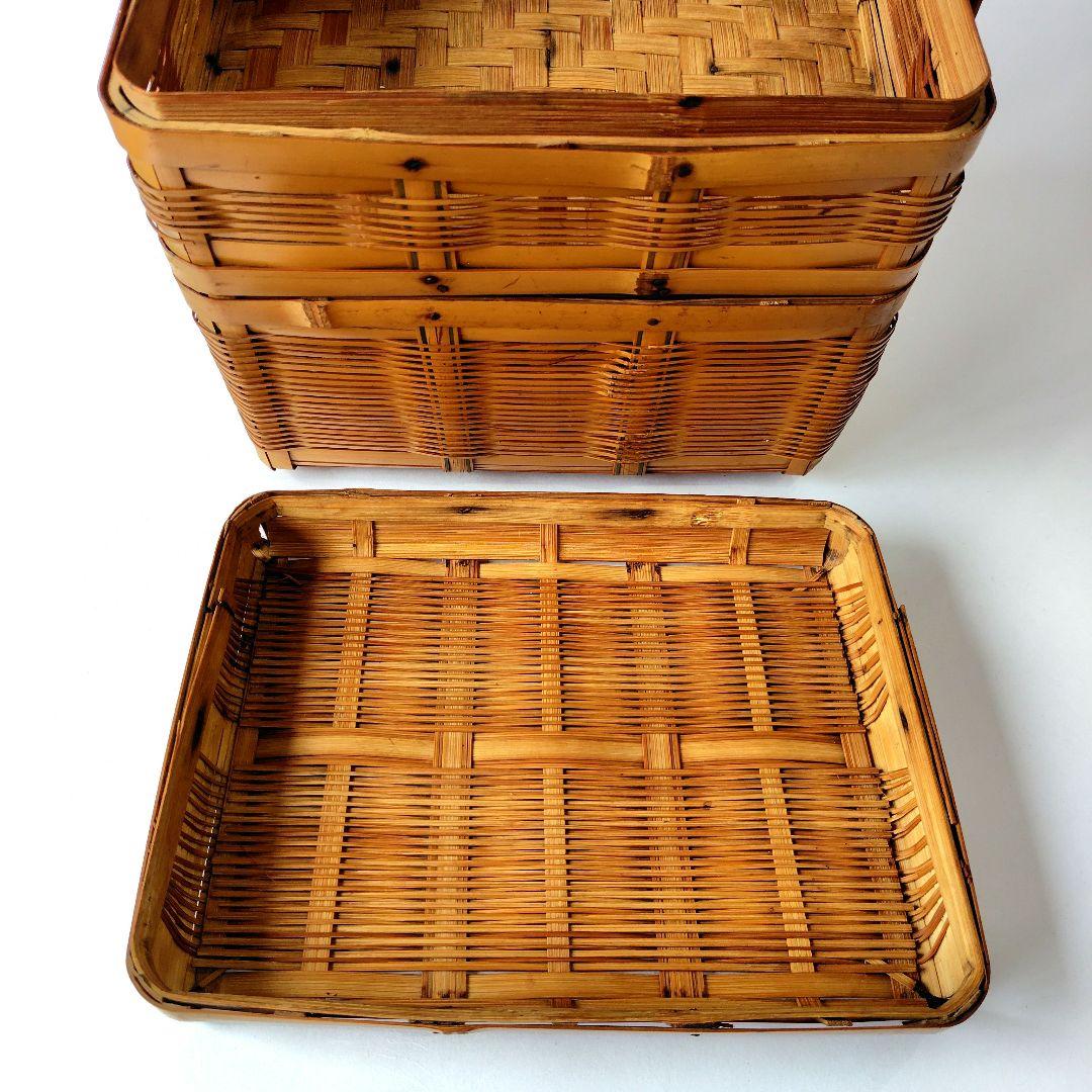 竹製 2段 蓋付 竹籠 弁当箱 バスケット 竹編 古道具