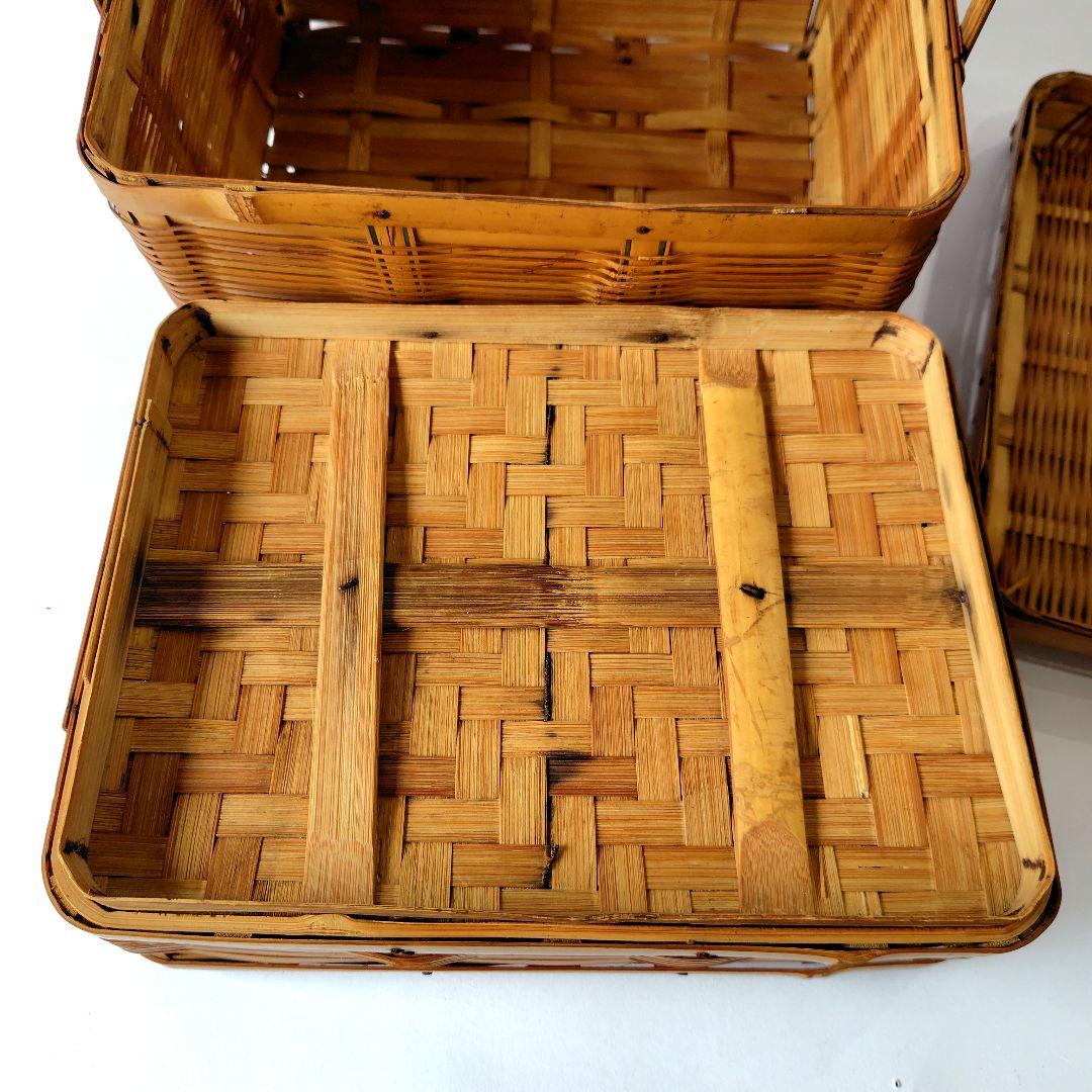 竹製 2段 蓋付 竹籠 弁当箱 バスケット 竹編 古道具