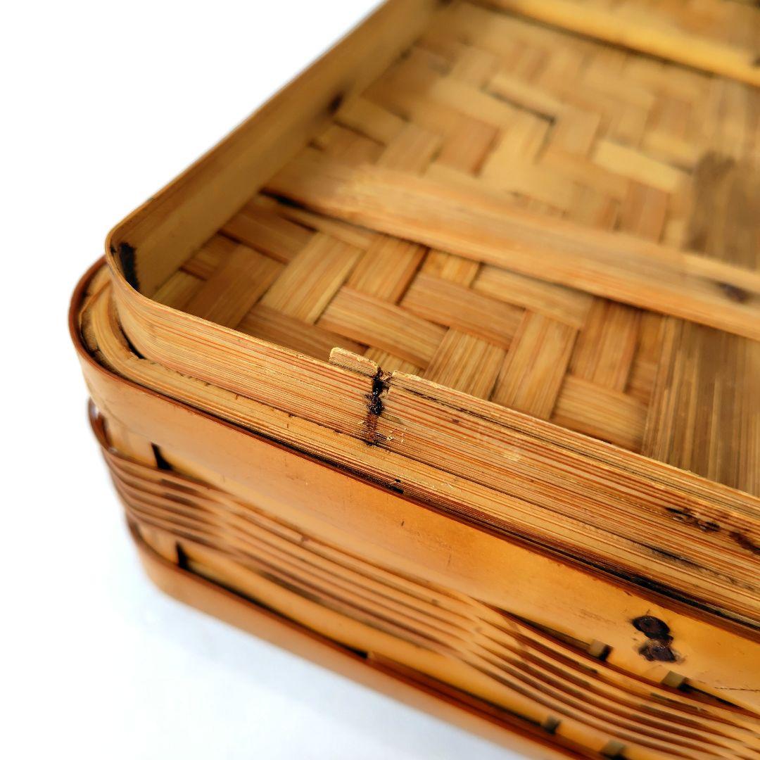 竹製 2段 蓋付 竹籠 弁当箱 バスケット 竹編 古道具