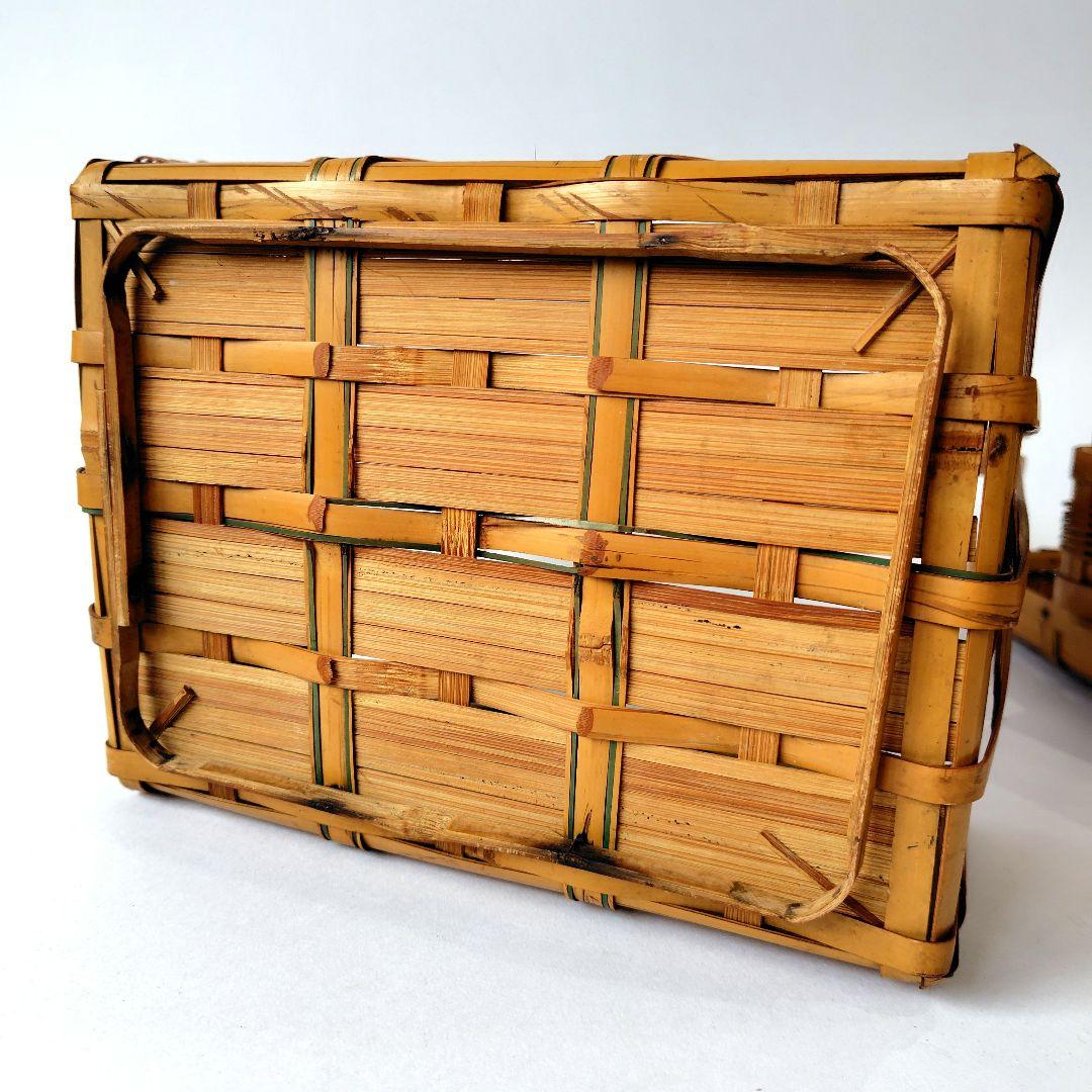 竹製 2段 蓋付 竹籠 弁当箱 バスケット 竹編 古道具