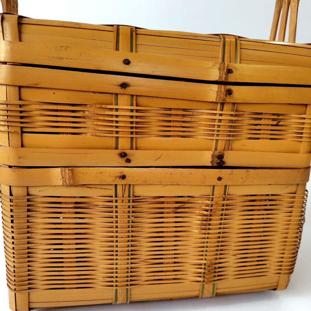 竹製 2段 蓋付 竹籠 弁当箱 バスケット 竹編 古道具