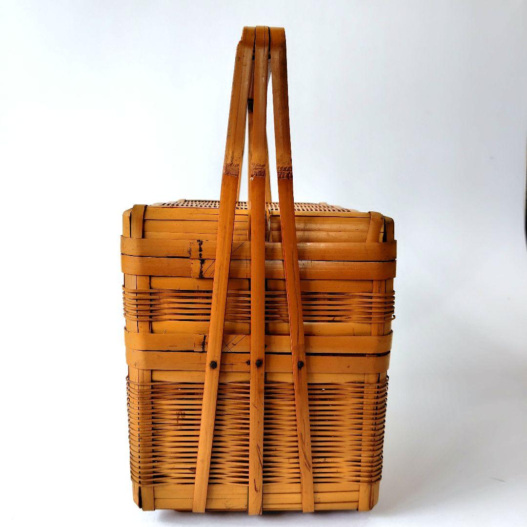 竹製 2段 蓋付 竹籠 弁当箱 バスケット 竹編 古道具